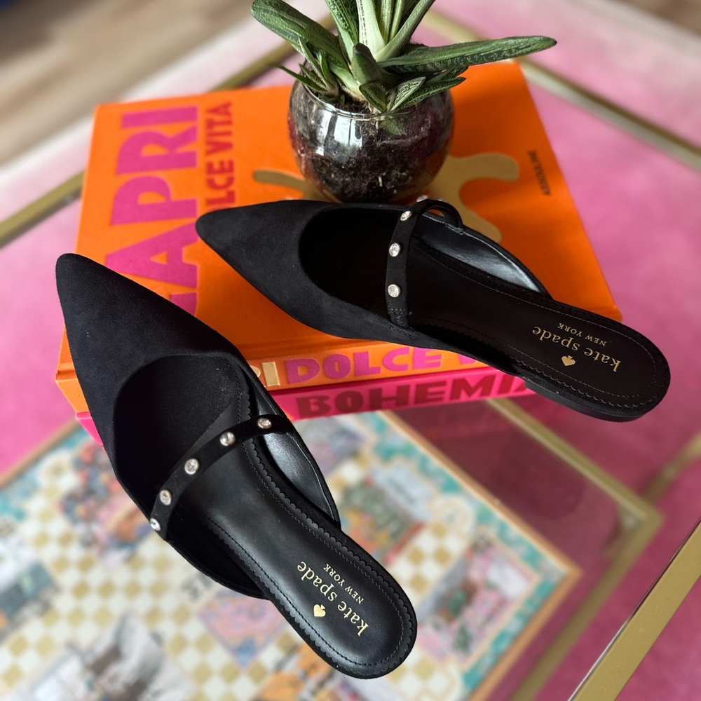 kate spade Black Pointed-Toe Stud Mule Flats